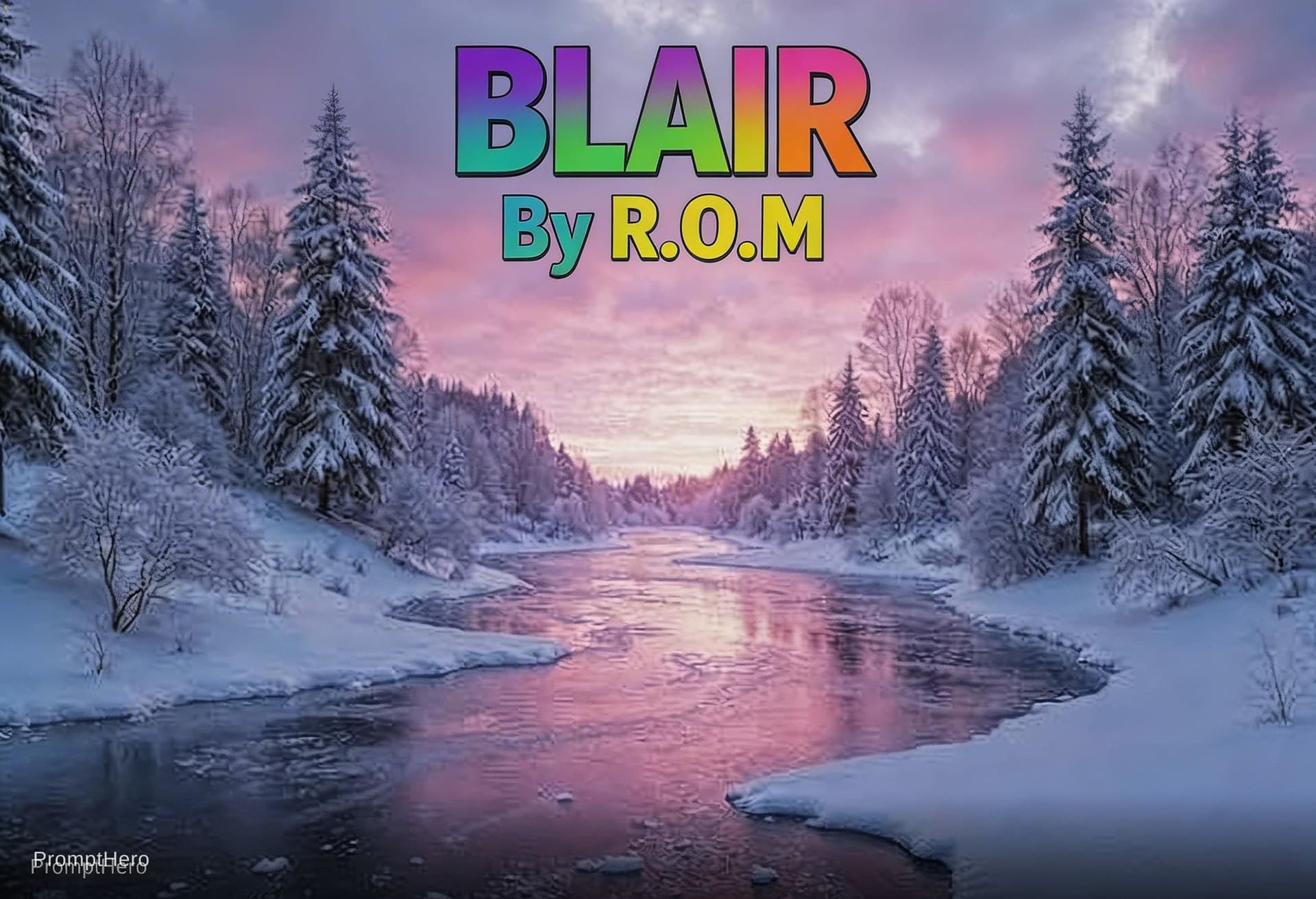 AI generated: Put snow and make it Blair and write By R.O.M in the middle with fading Purple and green and orange ...