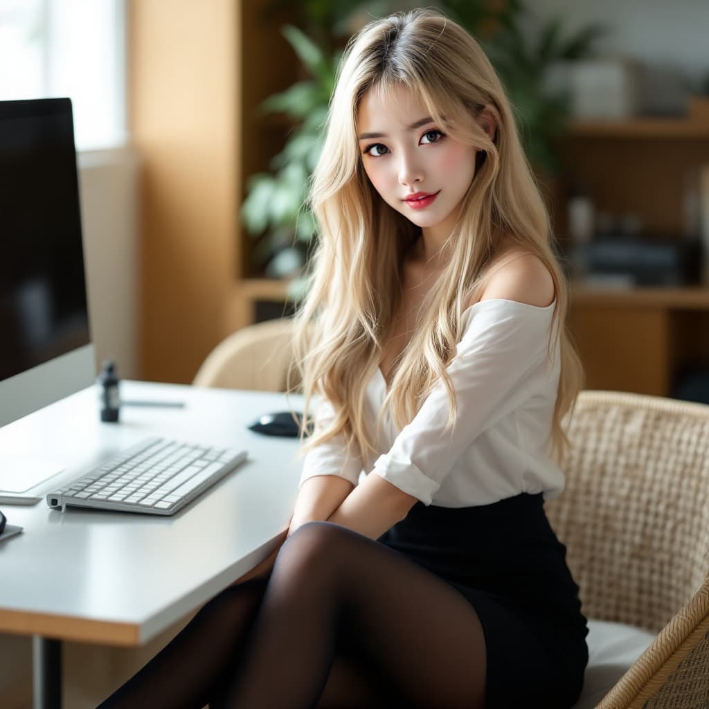 AI generated: A Japanese female,blond long Hair, black miniskirt, black tights, black pointed shoes, fit body, gor...