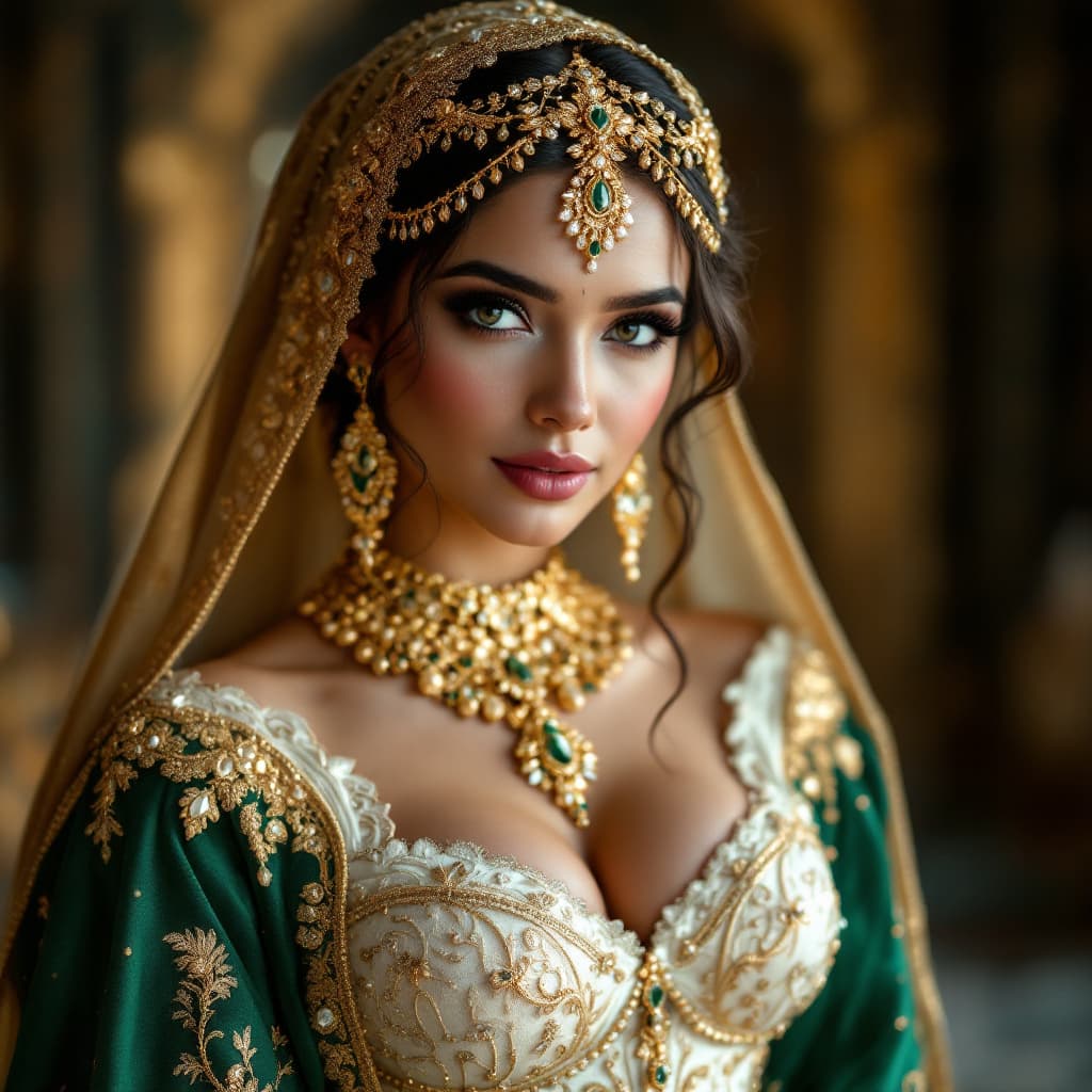AI generated: arabe femme, elle est très attirante et vêtu d'un magnifique corset qui double sa poitrine, traditio...