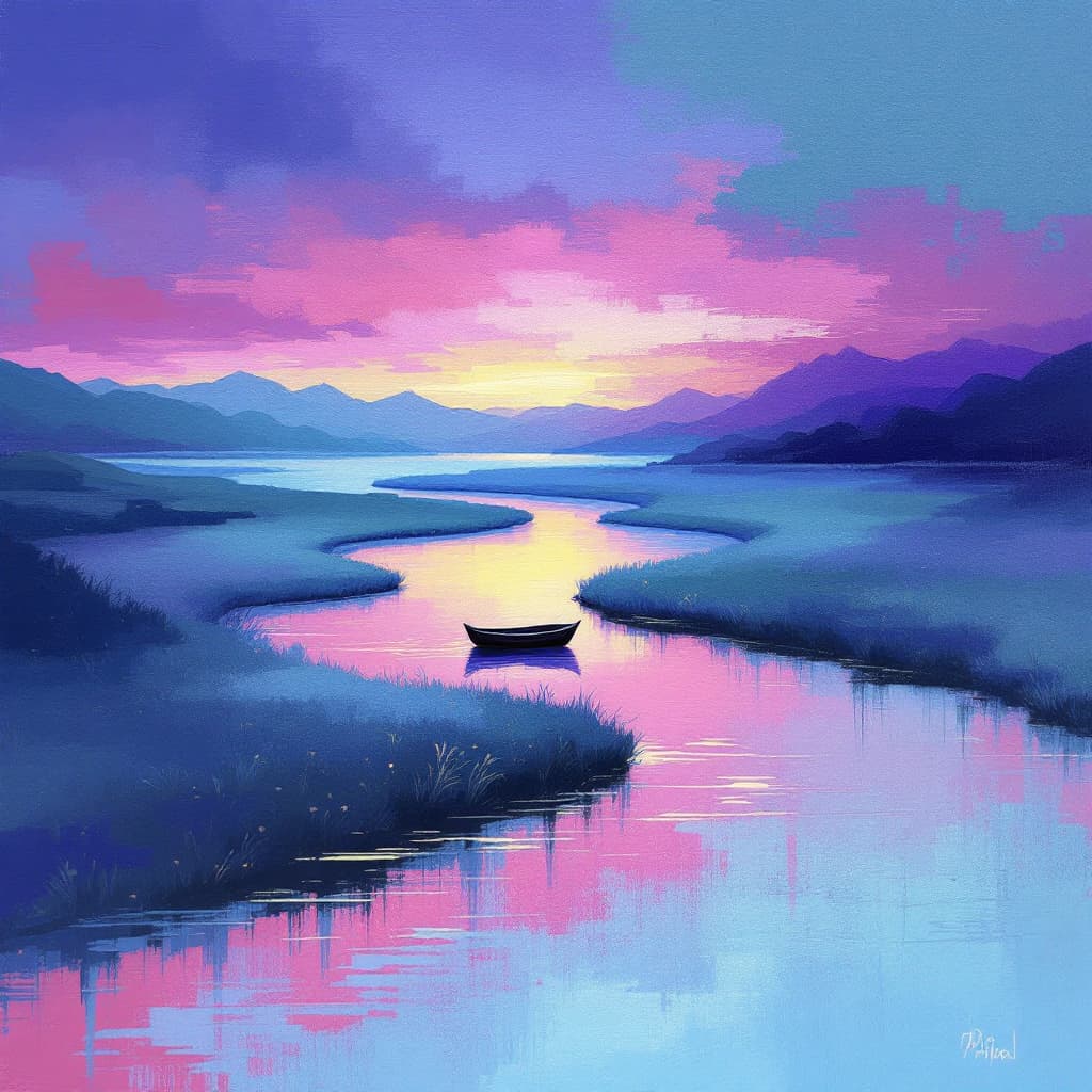 AI generated: Delicate little boat on a meandering river, cinematic gradient from various blues, purples to pink h...