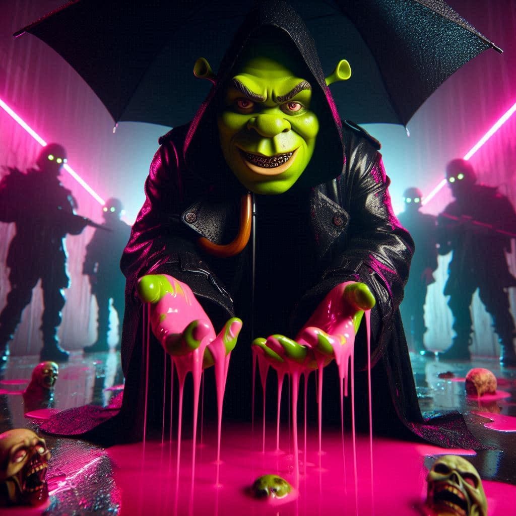 AI generated: vista intimidante y superioridad de cerca en angulo contrapicado de Shrek vestido con chubasquero ne...