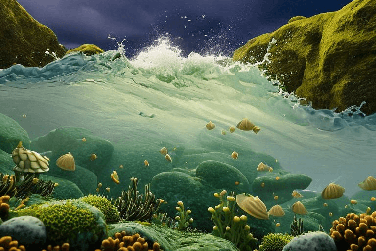 AI generated: complex 3d render ultra detailed, 8k, (full moon) night sky, torquoise sea foamy waves, a mossy intr...
