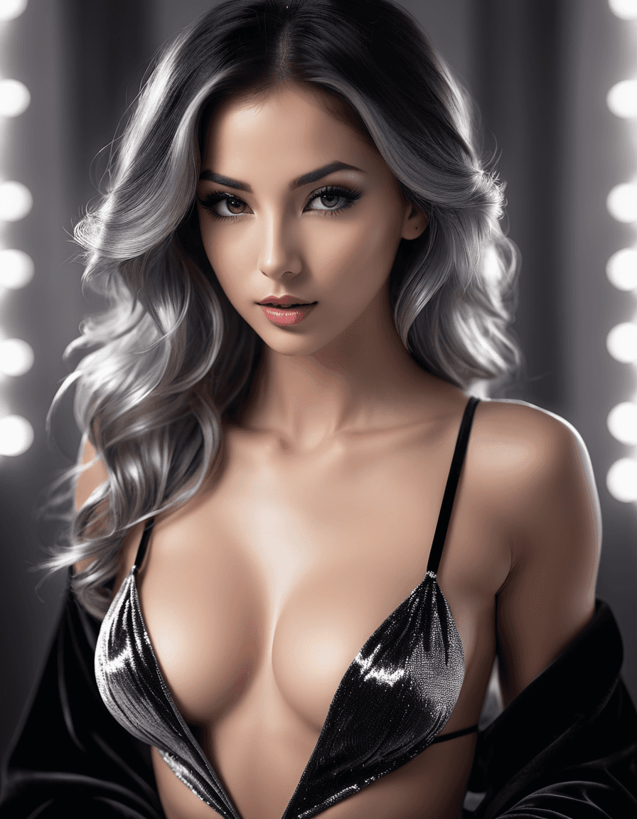 AI generated: NSFW, cg art, erotic dream vision in black and silver, woman wearing velvet, perky breasts, cleavage...