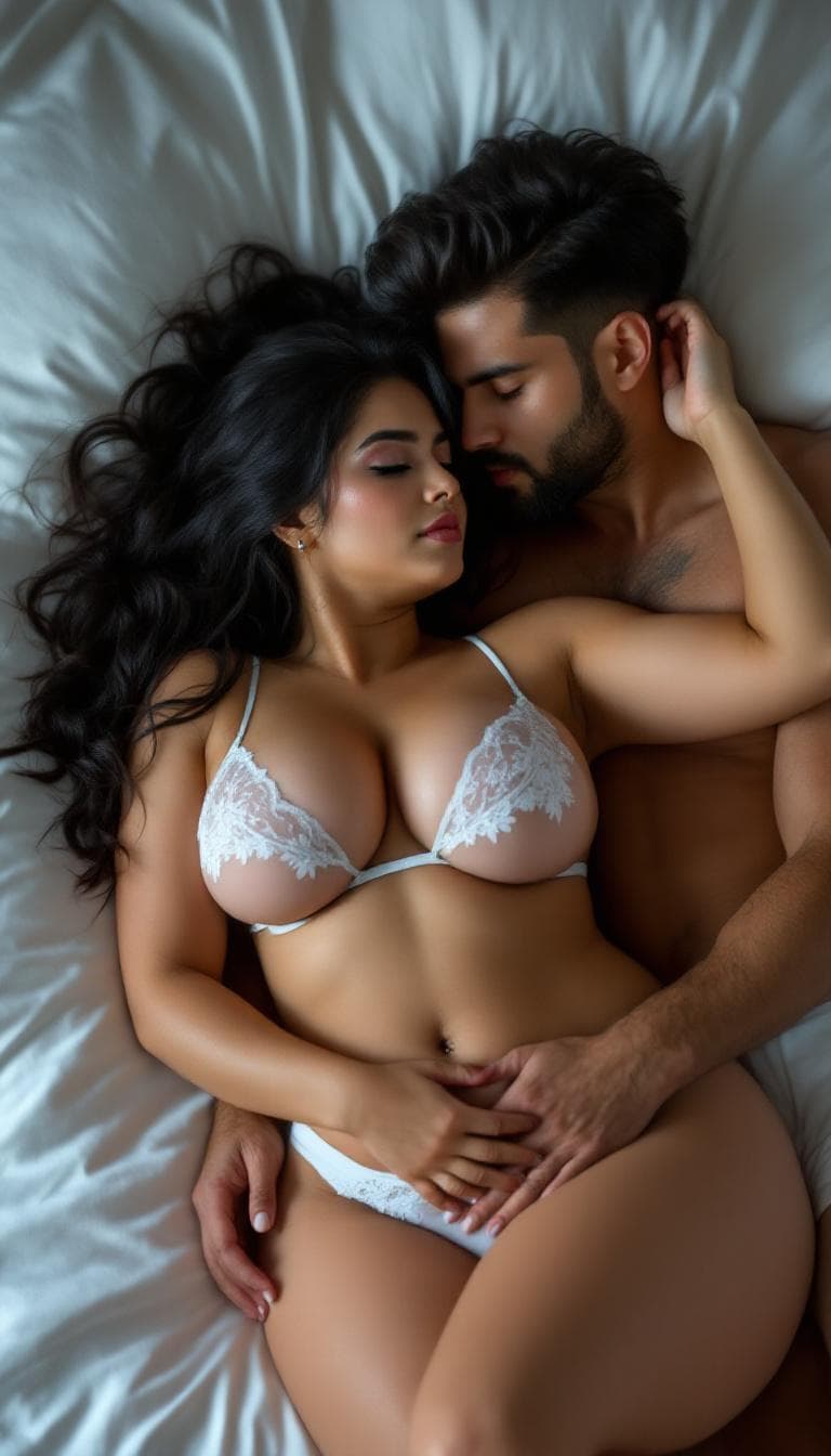 AI generated: Full body shot, full face , couple, husband  and wife, laying in bed together , husband sexually cud...