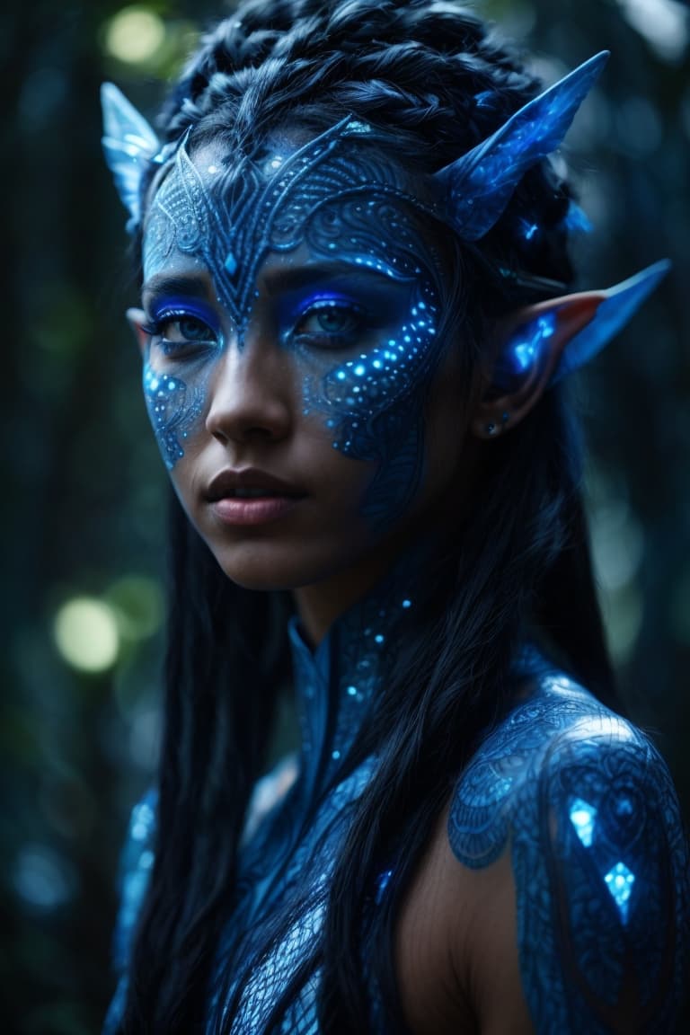 AI generated: blue humanoid avatar with bioluminescent avatar markings dots and patterns on their skin. Pointed el...