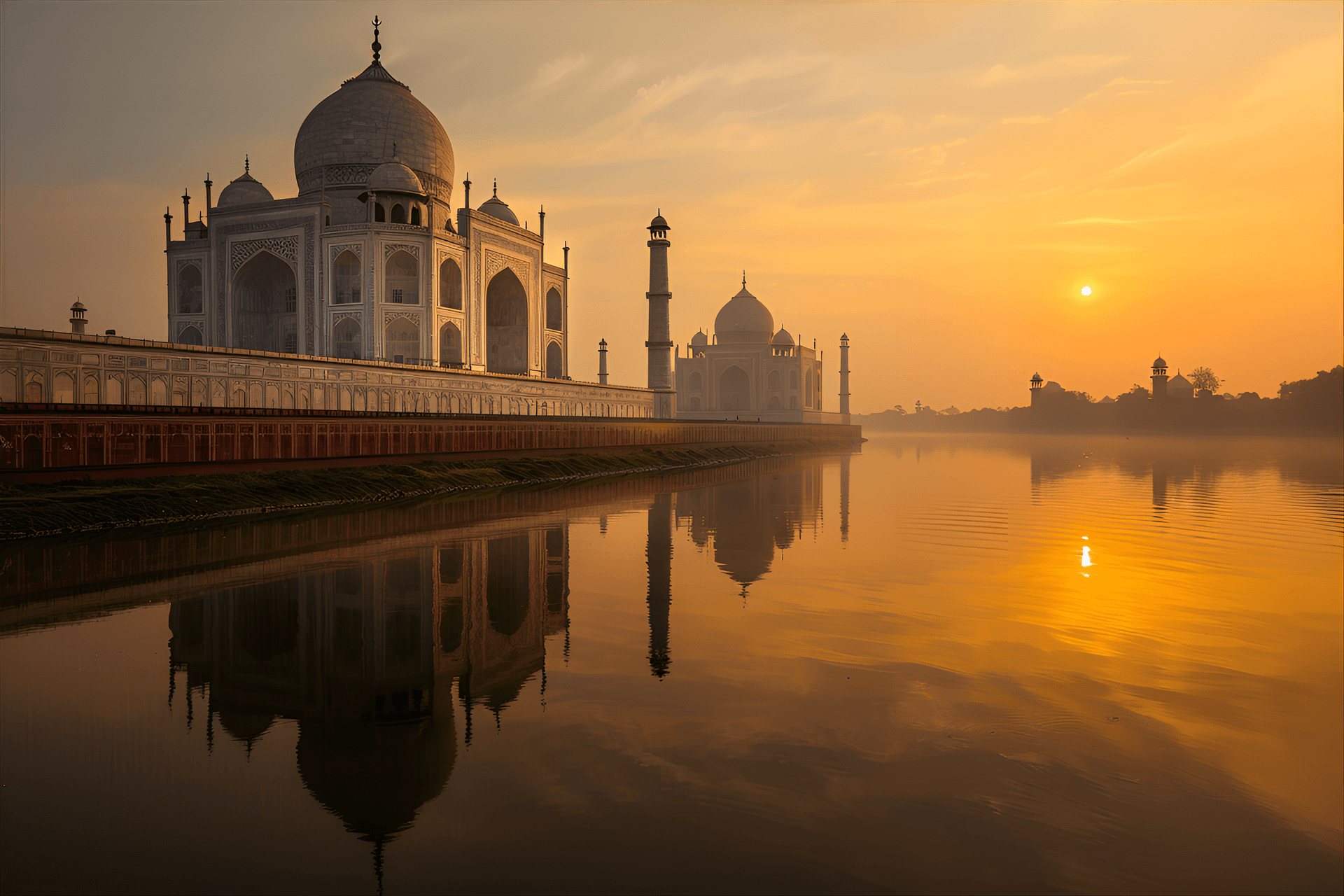 AI generated: Taj Mahal, India, sunset, intricate marble details, aerial perspective, Yamuna River, intricate inla...