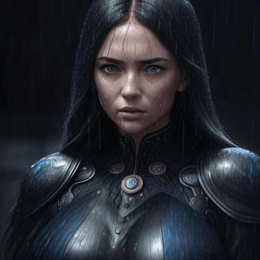 AI generated: women with a focus face, black gold dress . standing in light rain. with realistic drop of rain on h...