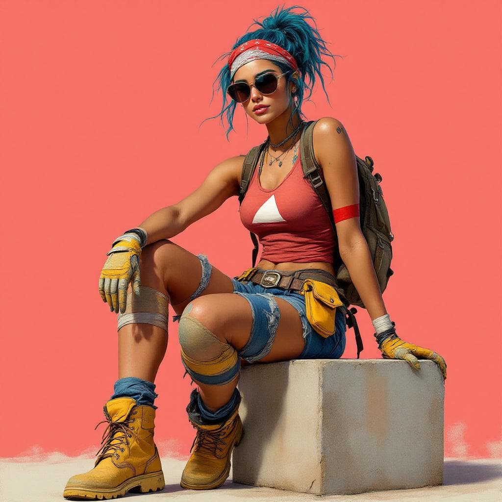 AI generated: full body shot of a confident, athletic woman sitting casually on a concrete block  near her. The ba...