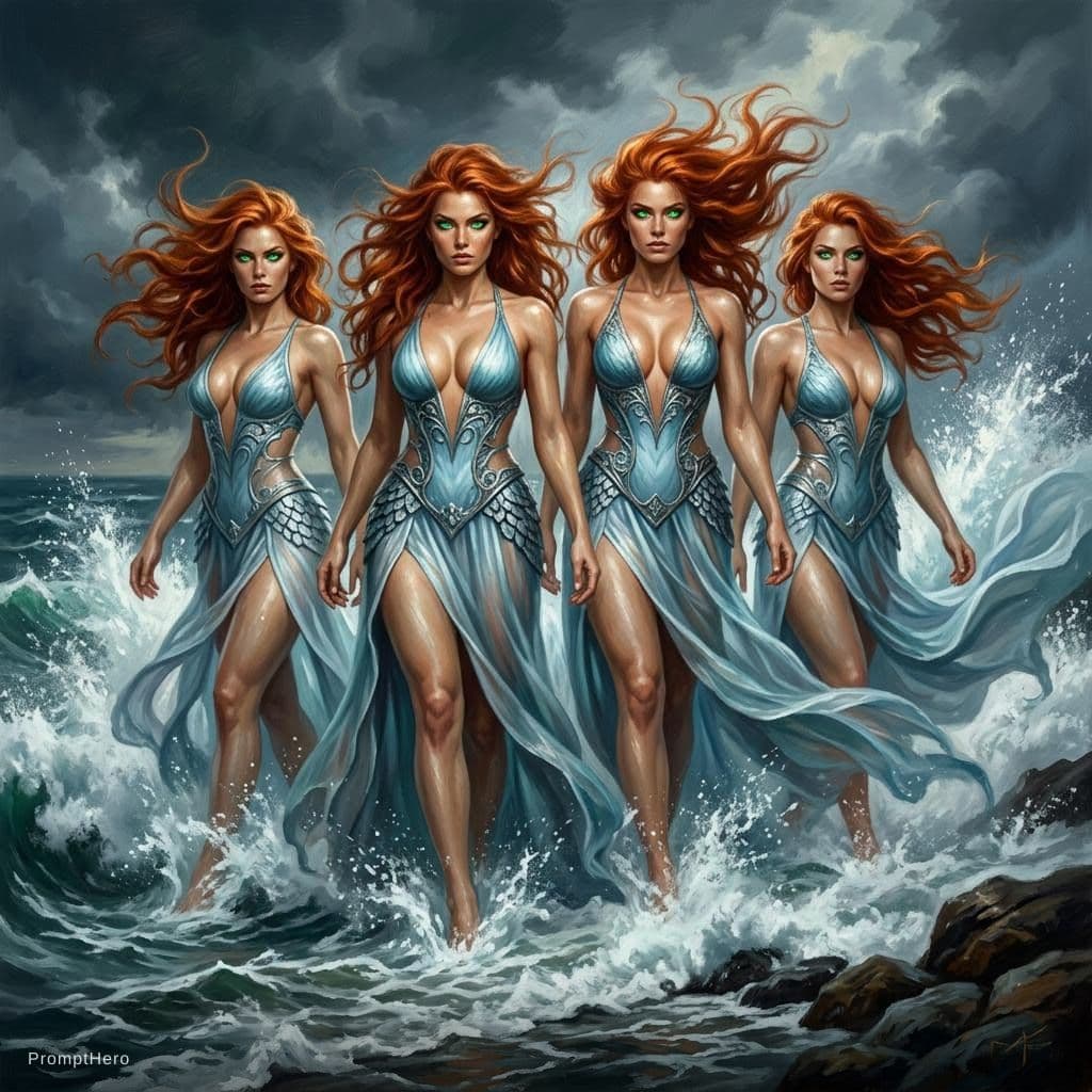 AI generated: Epic fantasy scene, four beautiful fiery red haired sea goddesses rising from the stormy ocean, long...
