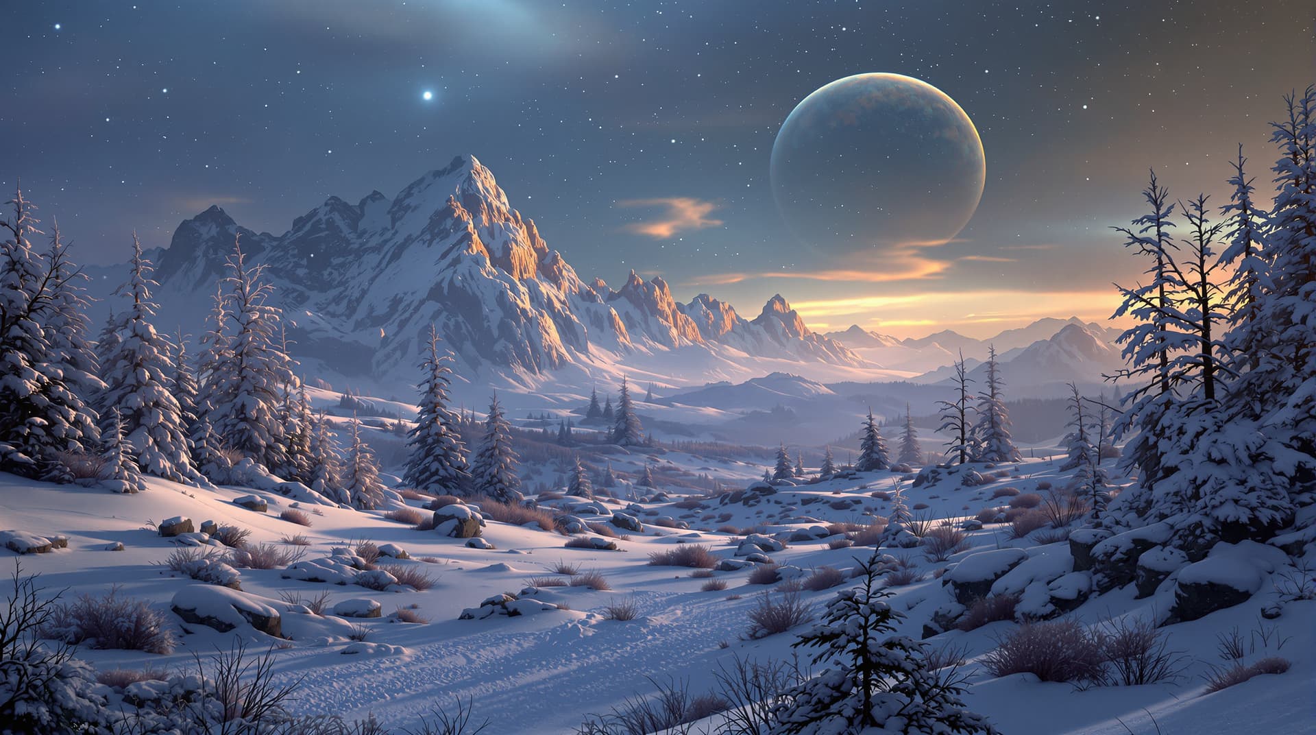 AI generated: winter landscape on a forieng planet