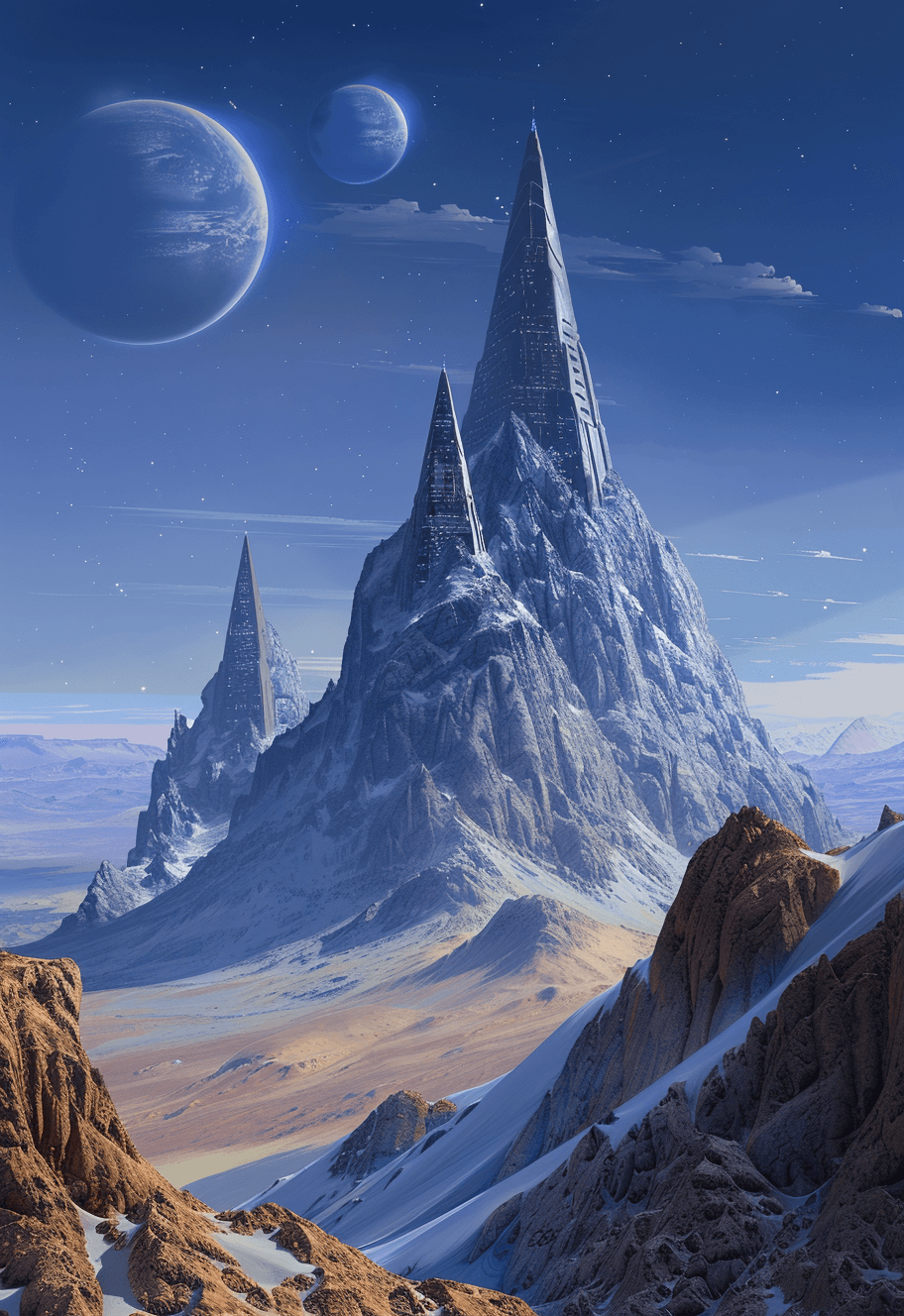 AI generated: A blue sky with three large planets in the background, a few huge triangle-shaped structures on top ...