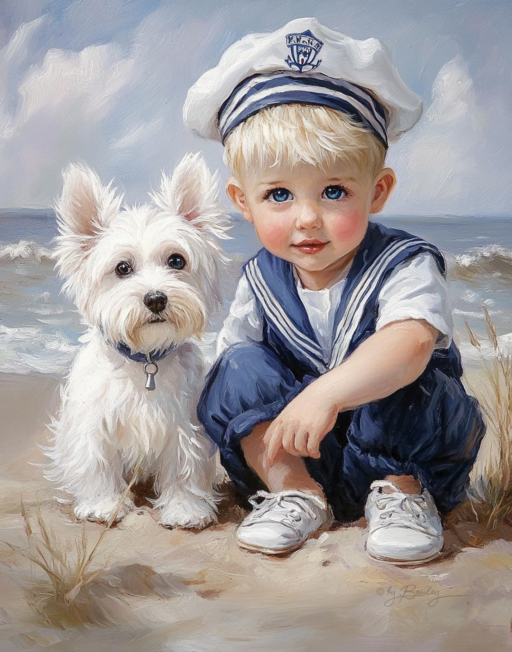 AI generated: a little boy with big blue eyes wearing nautical outfit and shoes, sitting on the beach next to his ...