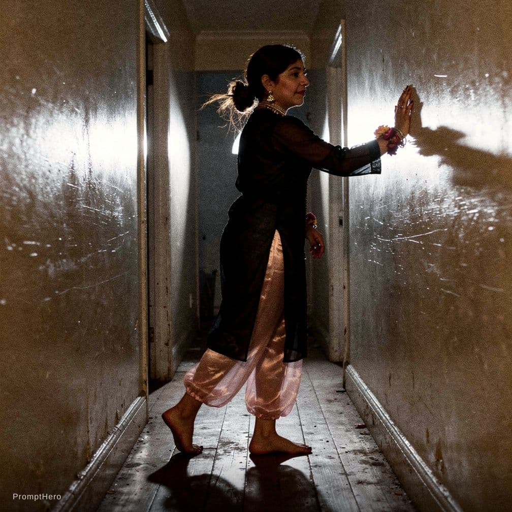 AI generated: A documentary style photograph captures a woman moving slowly through a narrow, moonlit hallway. Her...