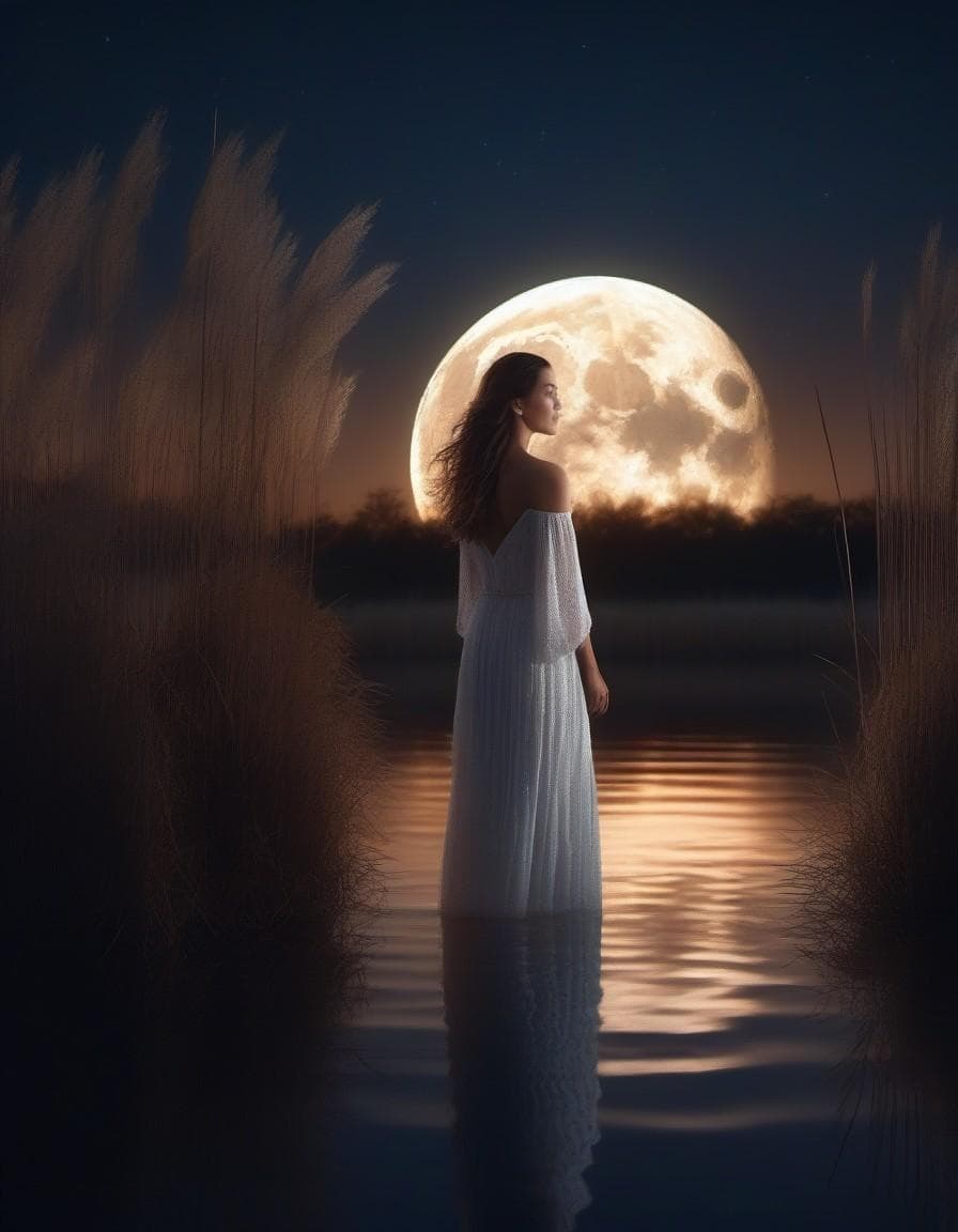 AI generated: Moonlit riverside, night sky serenity, reflections of moon on water, reeds swaying in night breeze, ...
