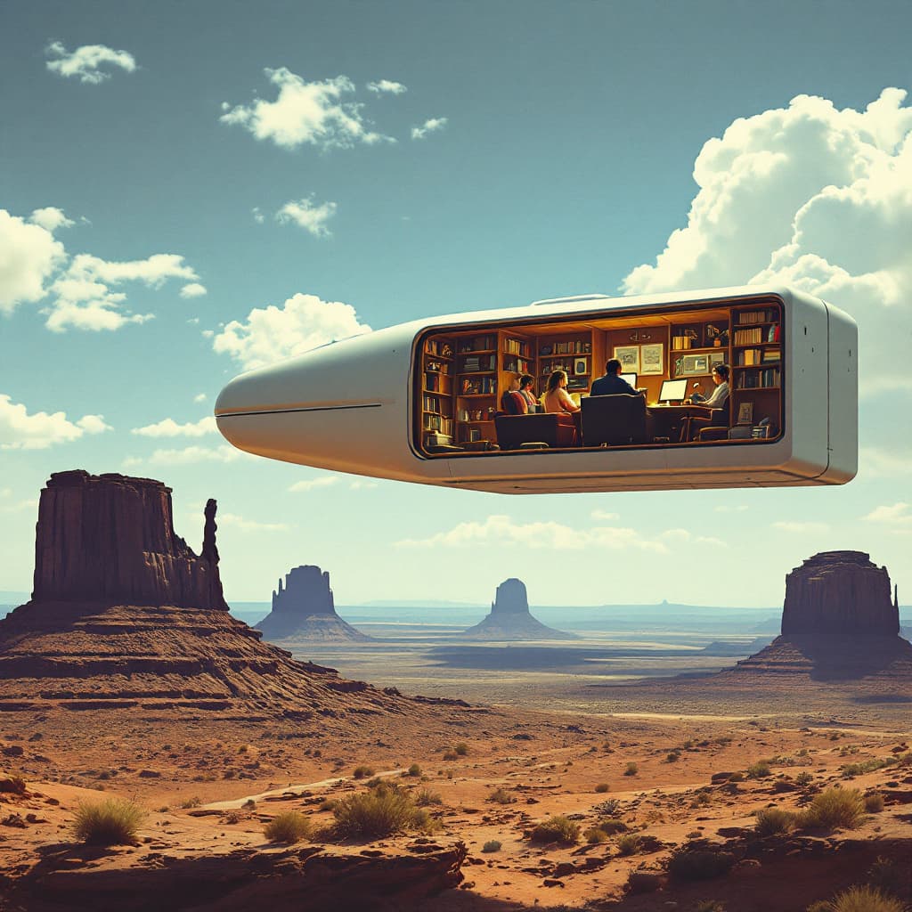 AI generated: 80s photo of a flying car in the sky over Monument Valley, with people sitting on couches working at...