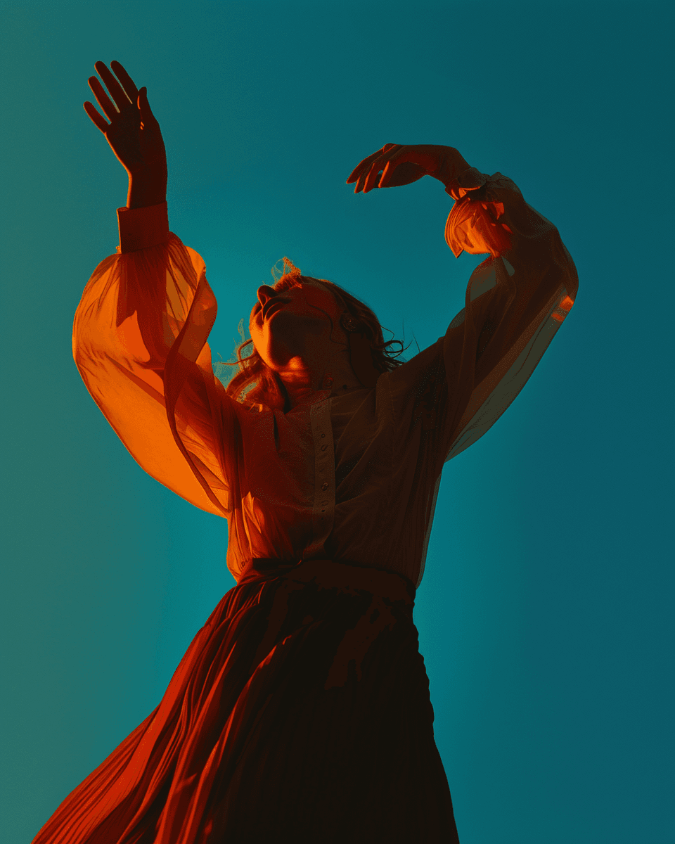AI generated: lady with a long top, long sleeves, and arms in the air, in the style of gentle lyricism, golden lig...