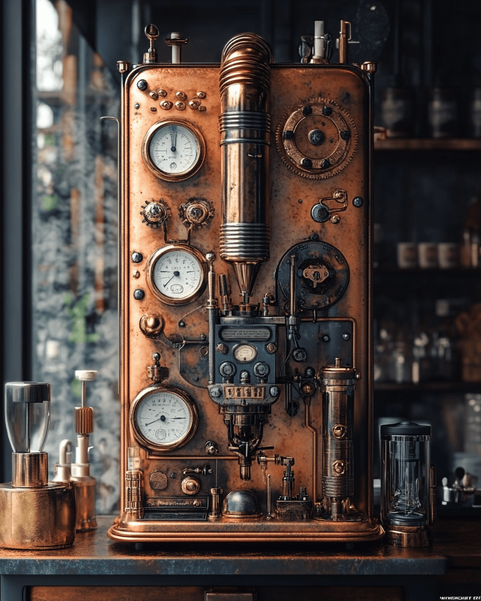 AI generated: A coffee machine crafted from bronze and copper, adorned with intricate gears, cogs, and steam pipes...