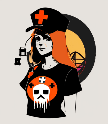 AI generated: Vector t-shirt design Vintage retro sunset distressed black style design, with a ghost wearing nurse...