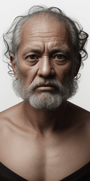 AI generated: An image of a very tired old fisherman , hair curls on head,  shaven, black background settings, hig...