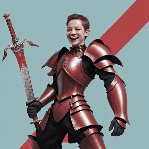 AI generated: cartoon ant character wearing armor, holding a sword, red eyes with laughing mouth