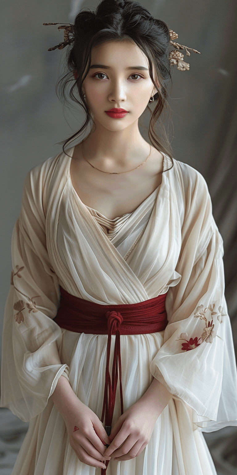 AI generated: Chinese hanfu, a white long skirt with a red sash around the waist and short sleeves, worn by a Chin...
