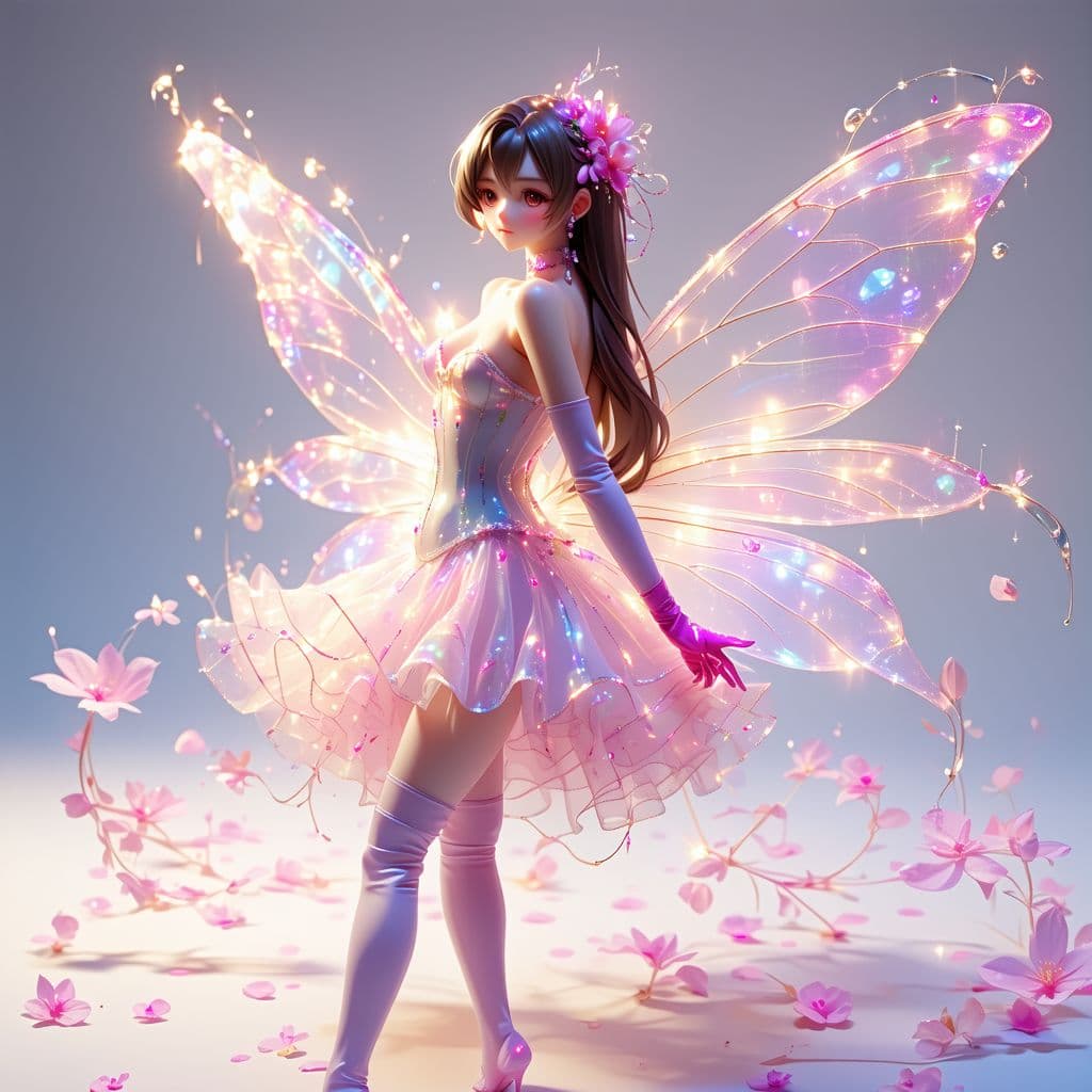 AI generated: Anime art style Flora, transformation, fairy wings translucent , mini dress with corset straight A-l...
