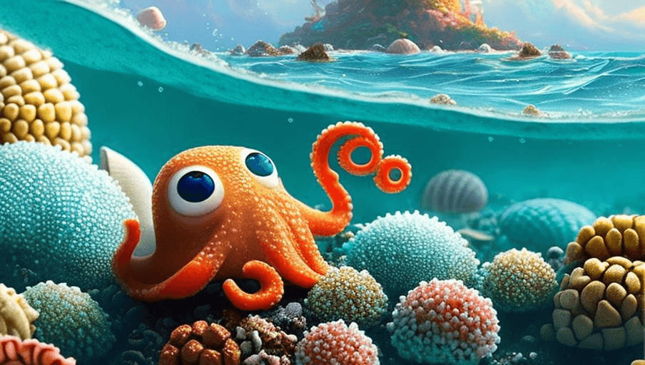 AI generated: insanely detailed 3d render, Cute octopus , floating on sea stormy waves and low poly rock, cozy ind...