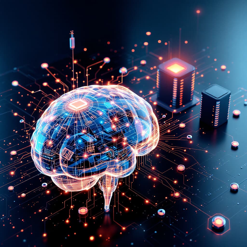 AI generated: make a 3d image with a futuristic design about deep learning, showing a holographic machine in the s...