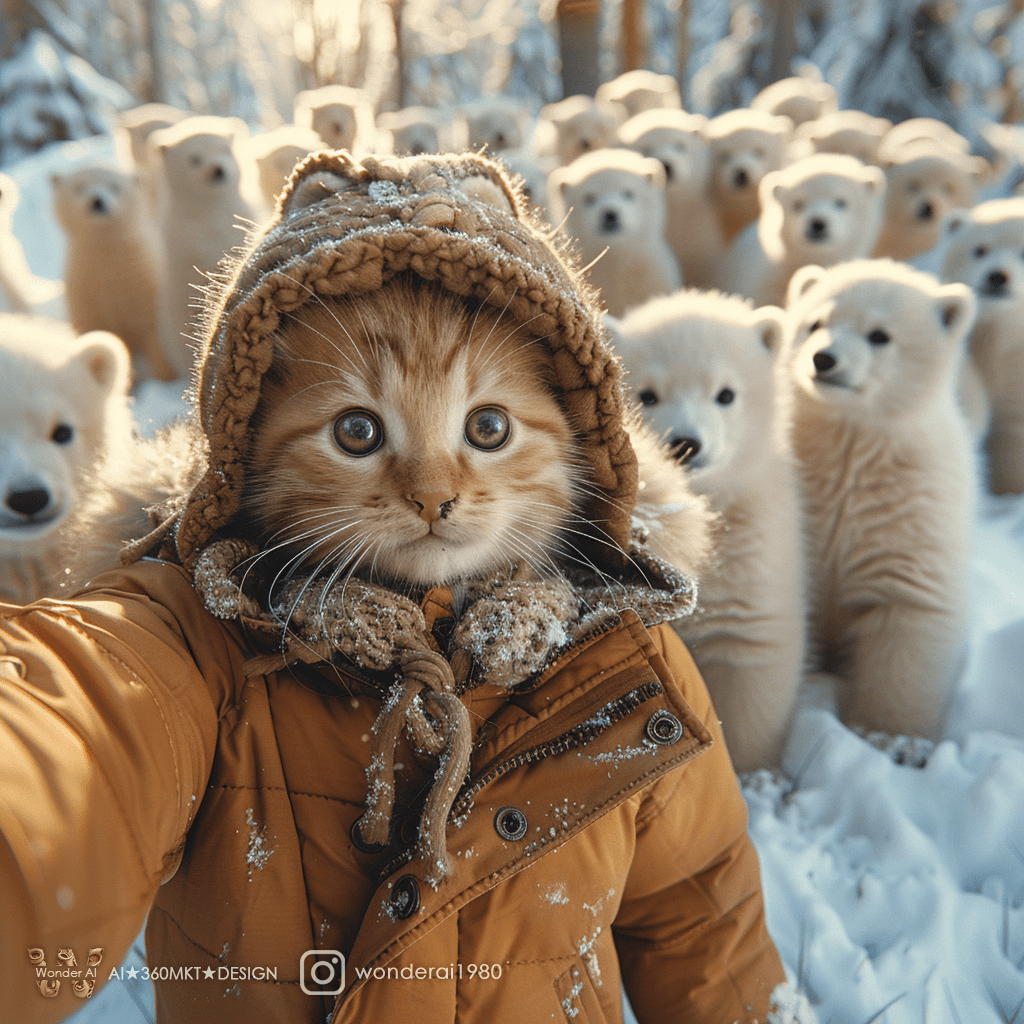 AI generated:  In the snow, there is an ice field with many polar bears standing on it. A real cute baby cat weari...