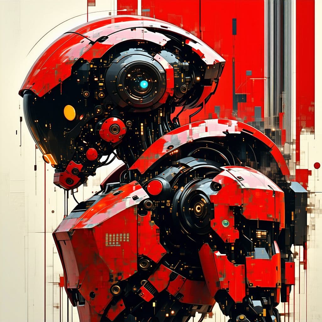 AI generated: Hyper realistic, mecha, dmagaed rednn and black armor, propaganda barcodes,dystopian era, raw style,...