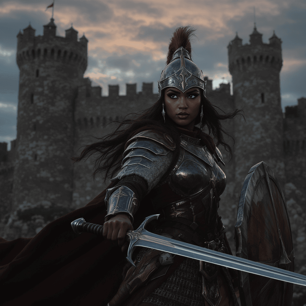 AI generated: A beautiful Ethiopian lady warrior with medieval swords, defending medieval castle at dusk