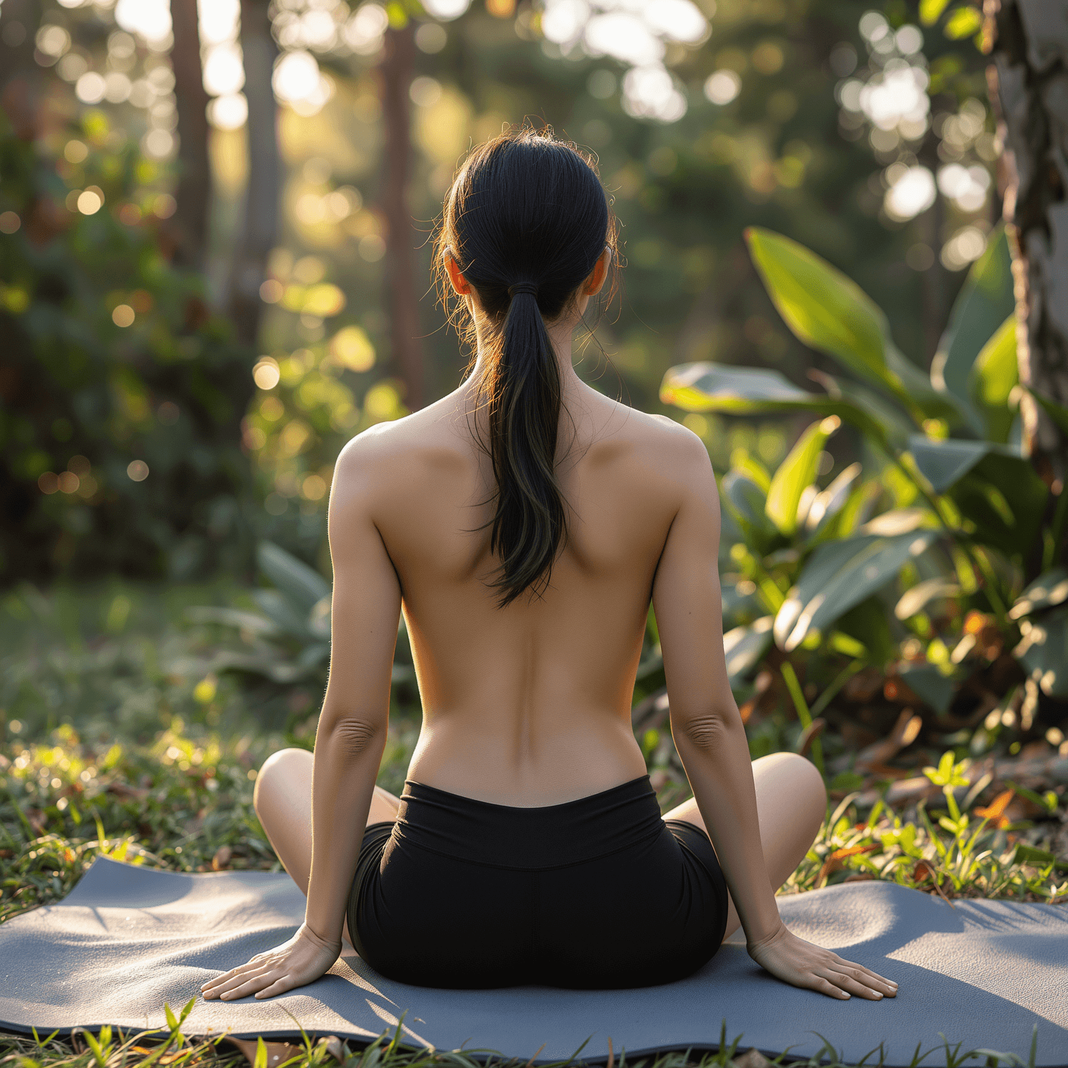 AI generated: A young athletic woman in the early twenties sits cross-legged atop a yoga mat positioned outdoors a...