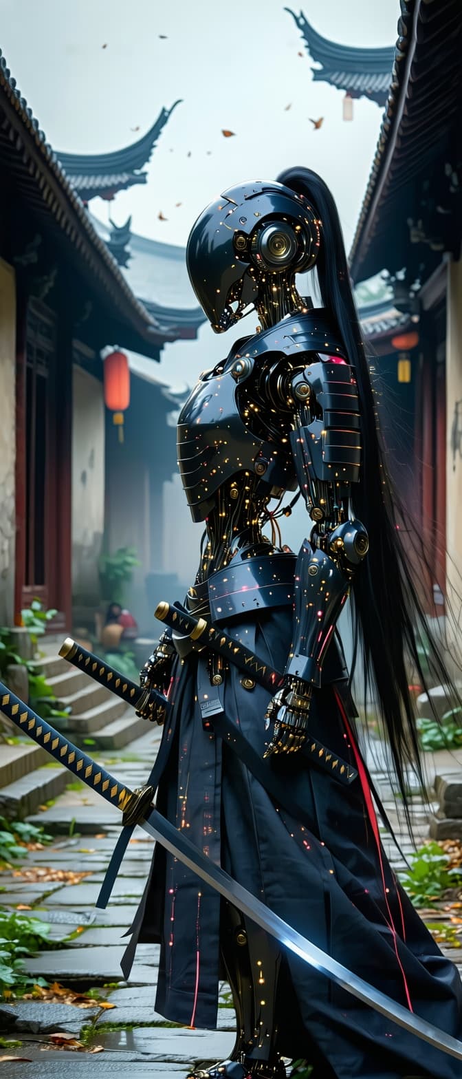 AI generated: Cyberpunk, female robot samurai,  in the middle of a dilapidated street, the samurai robot woman, fu...