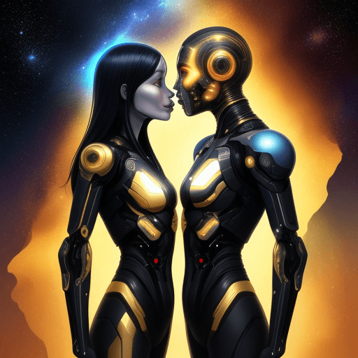 AI generated: Two cyborgs kissing, standing on the edge of the universe, symmetrical, splash of stars, golden rati...