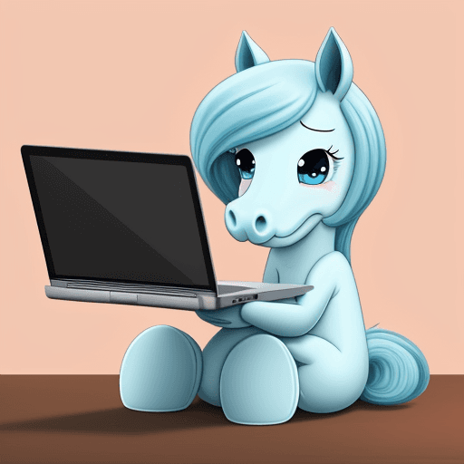 AI generated: a cute horse with innocent wyes ,cartoon like character ,make it cute ,holding laptop and sitting on...
