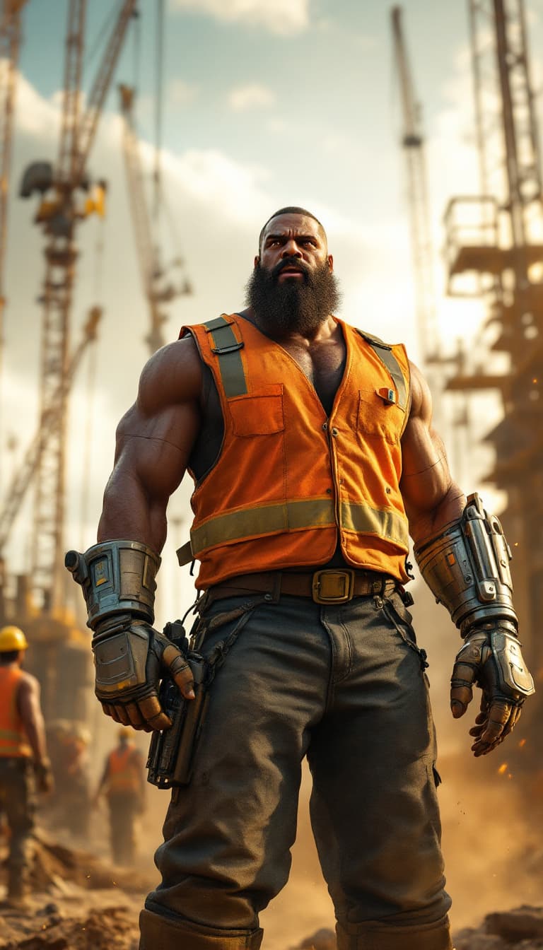 AI generated: A photorealistic candid shot of a towering, muscular man with dark skin, a thick beard, and an inten...