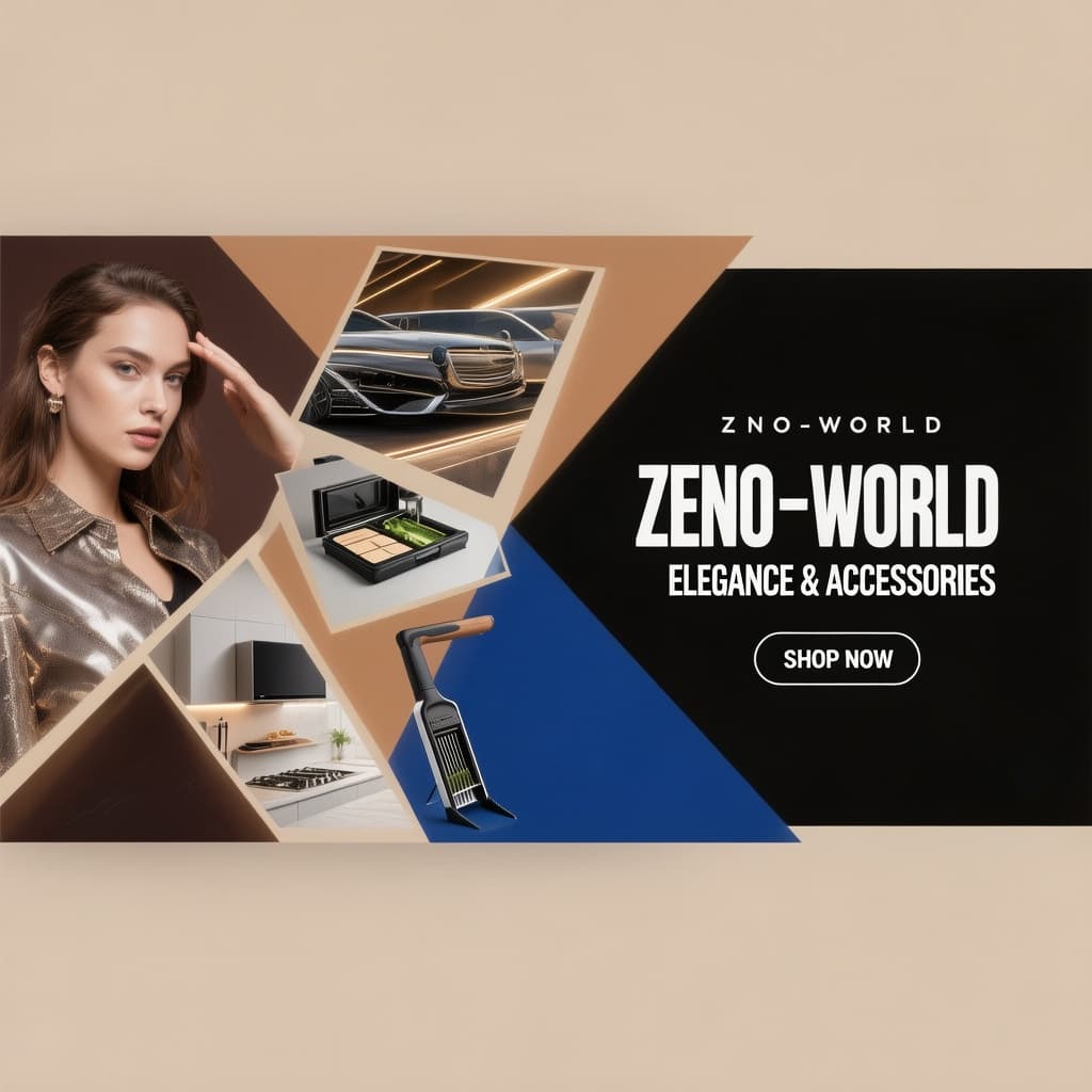 AI generated: A modern 1920x600 e-commerce collage banner for 'ZENO-WORLD'. The design is split into bold geometri...