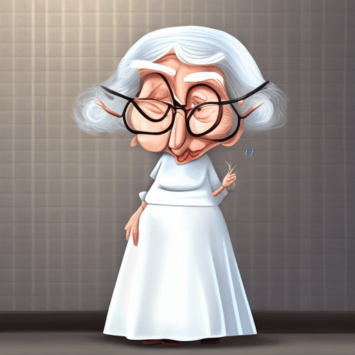 AI generated: old grumpy lady, really big round glasses, long white dress, cartoon, pixar style