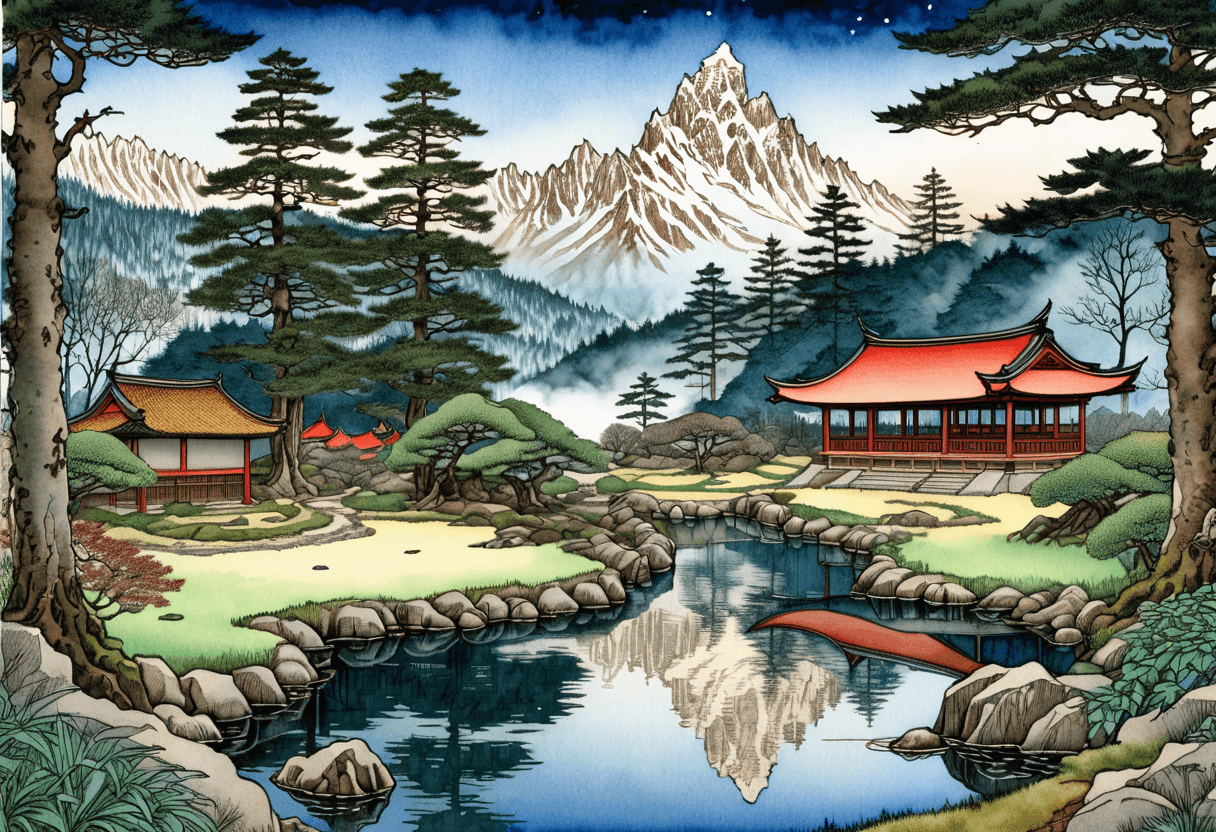 AI generated: antasy shin-hanga, amateurish Watercolor With Ink Pen Outline of a Decora, intricate details, landsc...