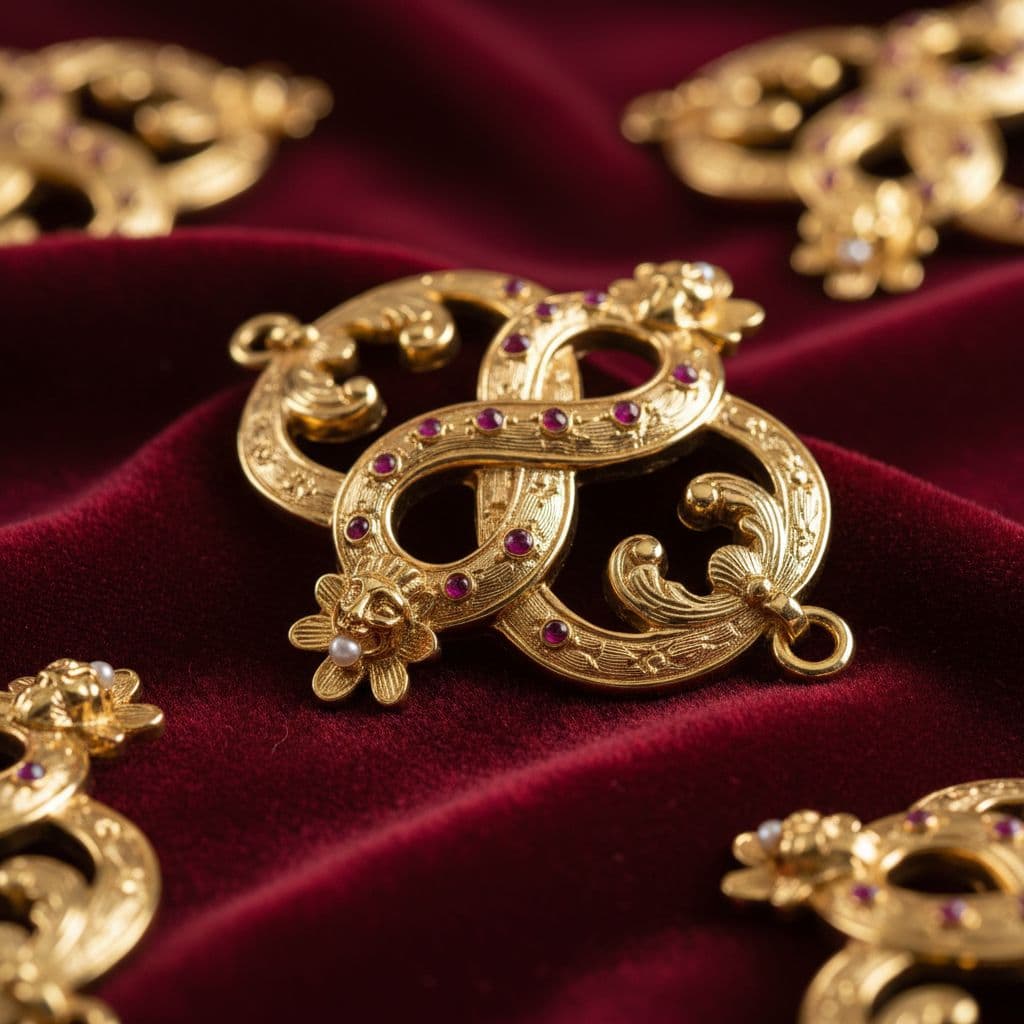 AI generated: "Luxurious golden ornaments on crimson velvet, macro shot, richly detailed, photorealistic texture"