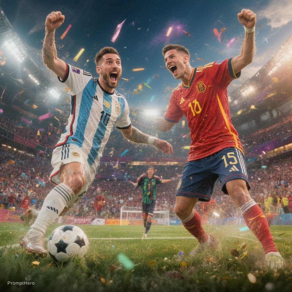 AI generated: generiere ein Bild von der WM 2026 in USA, Finale Deutschland VS Spanien 5 :1 , Emotionen, Action, s...