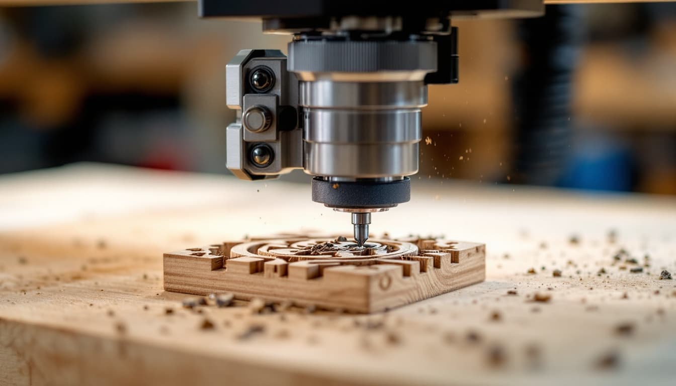 AI generated: A close-up photograph of a CNC milling machine cutting a piece of wood. The machine is cutting a sma...