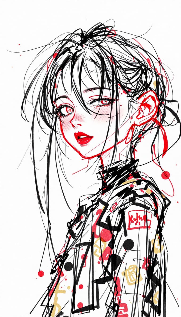 AI generated: girl, red pen drawing, sketch, anime, expressive