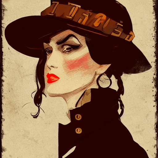 AI generated: Concept art of a beautiful female industrial 1900s gangster   in the style of Ashley Wood ,Keira Kni...