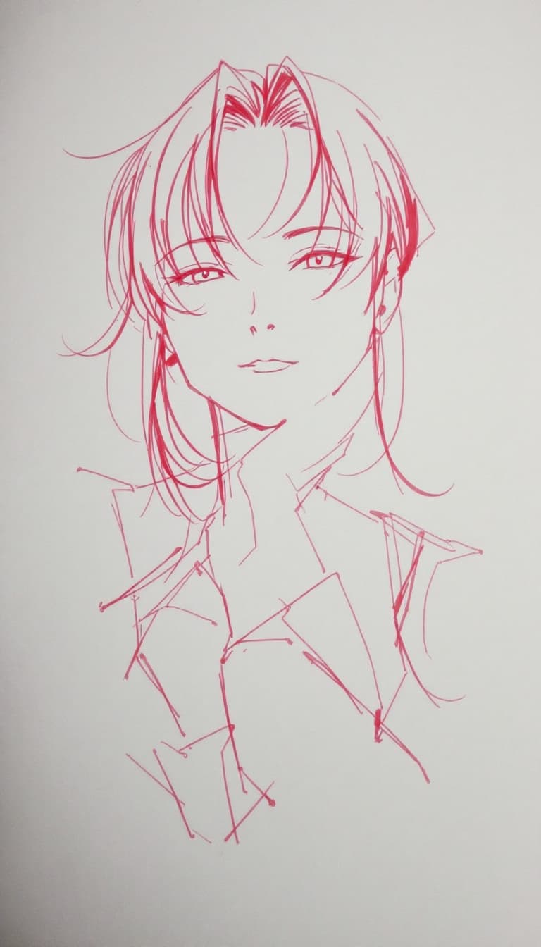 AI generated: girl, red pen drawing, sketch, anime, expressive