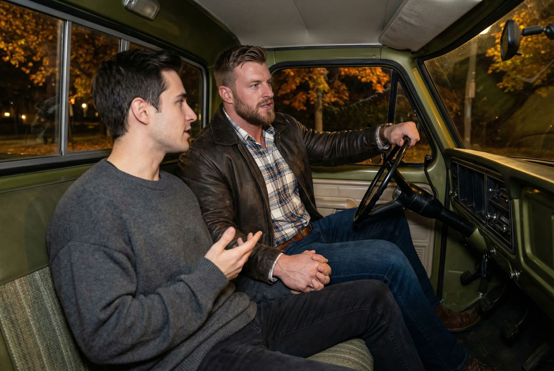 AI generated: In an Autumn night, the model is driving a Ford olive green pick up truck. 

He is driving the pick ...