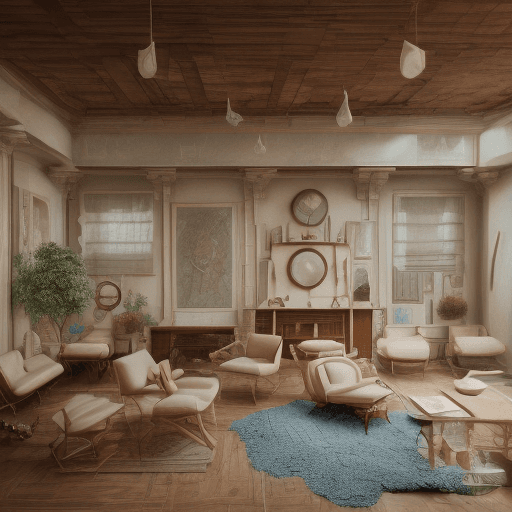 AI generated: High resolution photography interior design, dreamy sunken living room conversation pit, wooden floo...