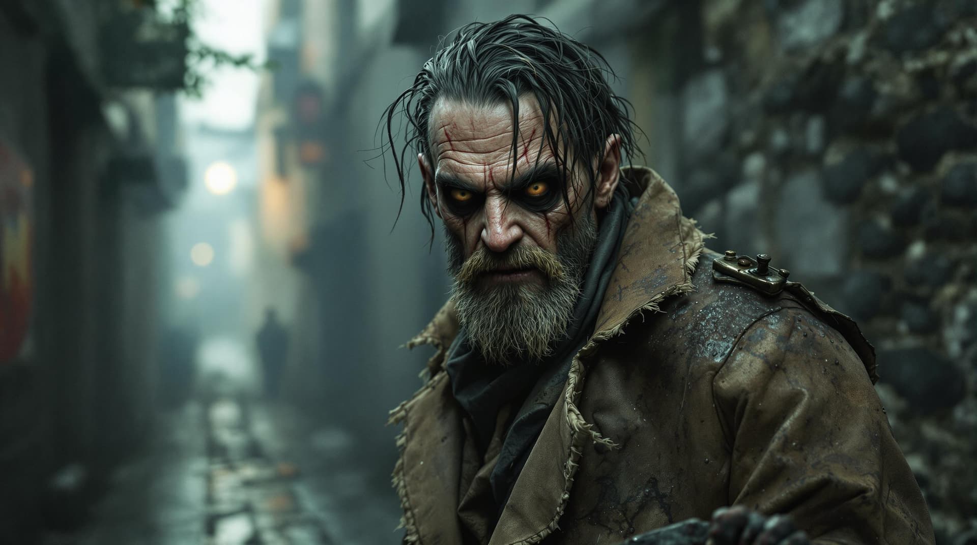 AI generated: "Dirty, sinister street character inspired by 'Sweeney Todd: The Demon Barber of Fleet Street', male...