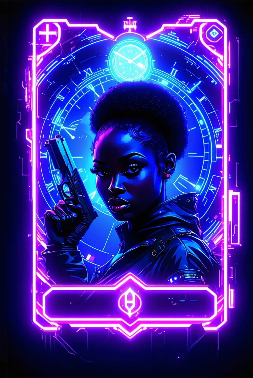 AI generated: (((Tarot card))), Tarot card frame made of cyberpunk clocks, Portrait of an African woman holding a ...