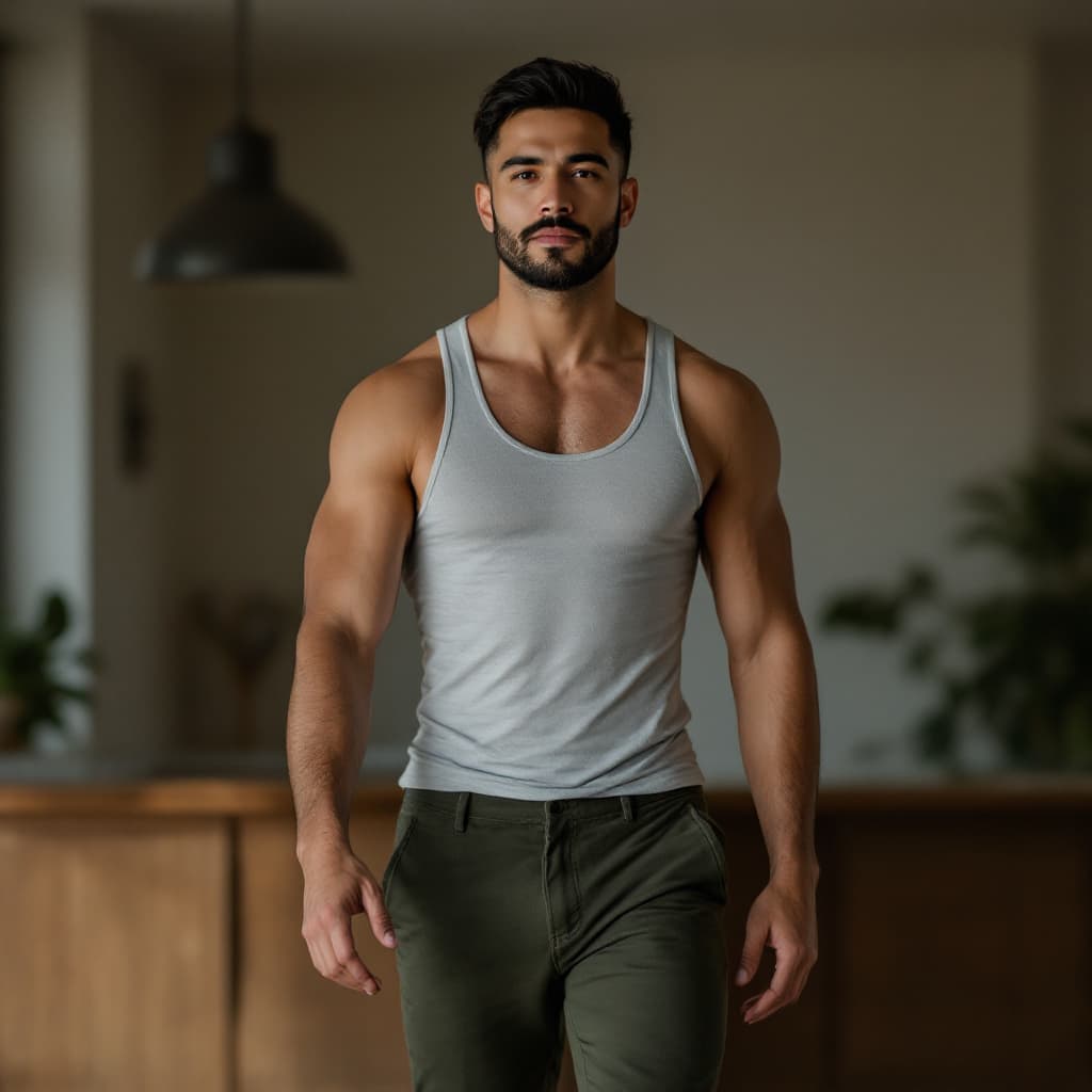 AI generated: "The Latino man fit, abs, stands up confidently from his seat and walks steadily towards the camera,...